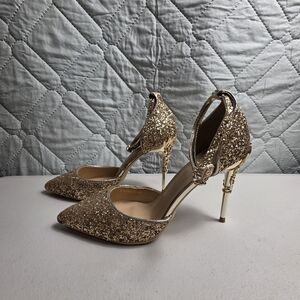 Bigtree Metallic Gold Glitter Pointed Toe Ankle Strap Stiletto Heel Pumps 
Sz 39
